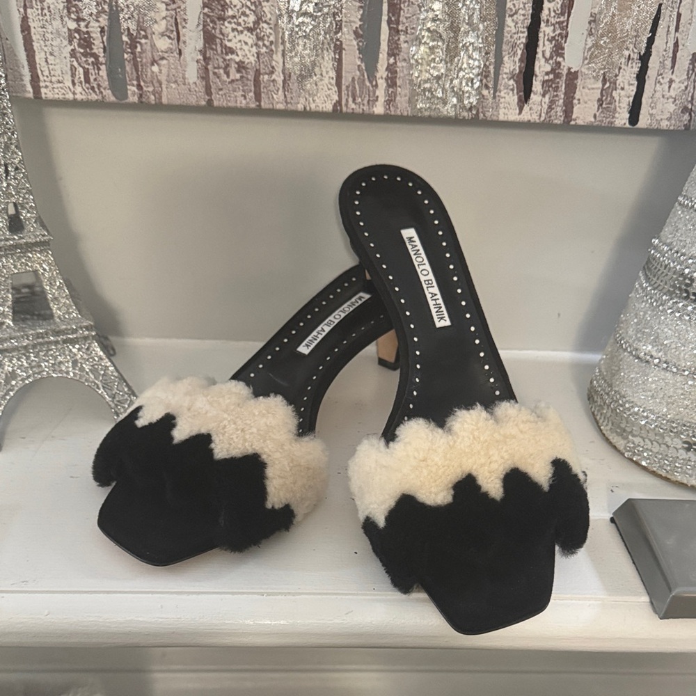 Manolo Blahnik Black and Cream Furry Mules